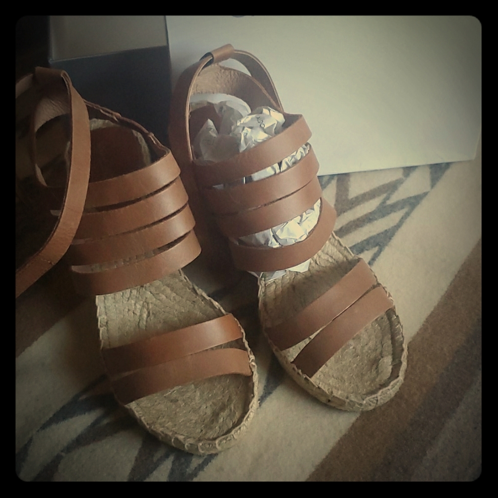 Charles David Strappy Leather Cognac Wedges